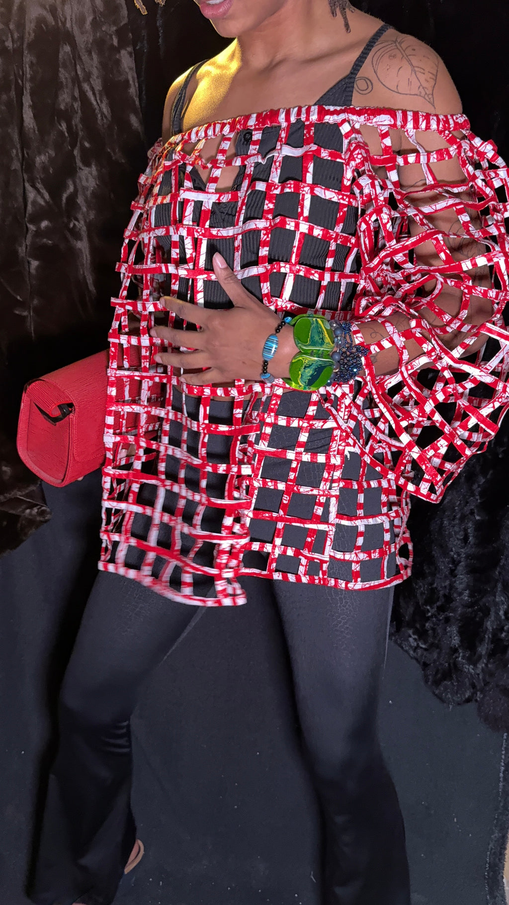 Off-Shoulder Window Pane Blouse