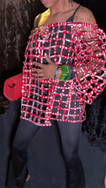 Off-Shoulder Window Pane Blouse